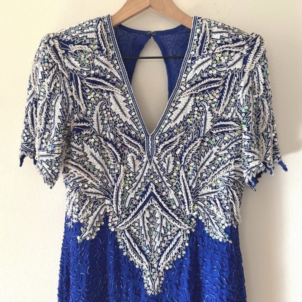 🦃 Vintage Judith Ann Beaded‎ Sequin Silk Dress XS Blue White Cocktail Party